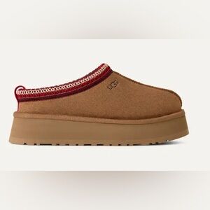 UGG Tan Suede Slip-Ons with Red Accent
